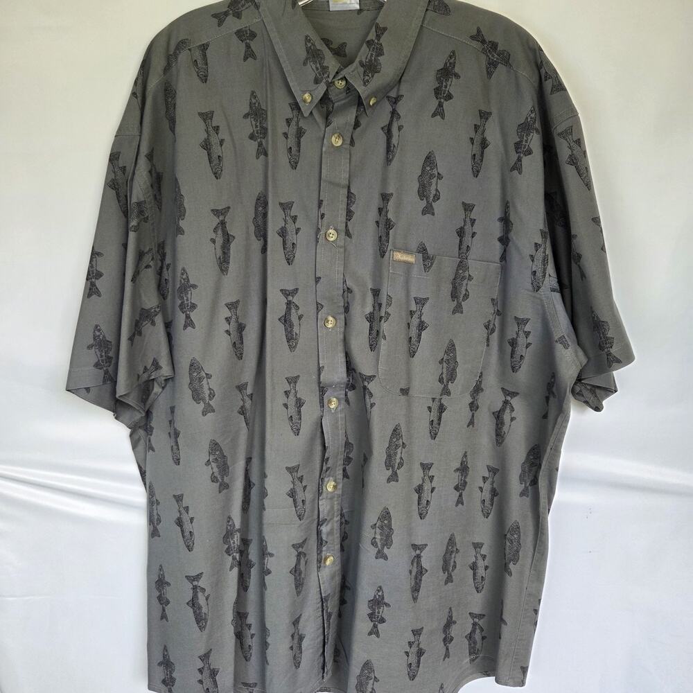 Columbia Sportswear Olive Green Fish Print Button Up Shirt Mens Size XL